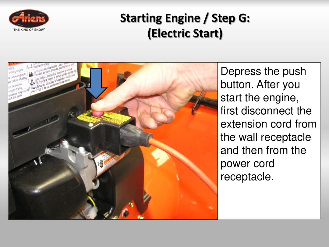 Ariens 921023 quick start Starting Engine / Step G Electric Start 