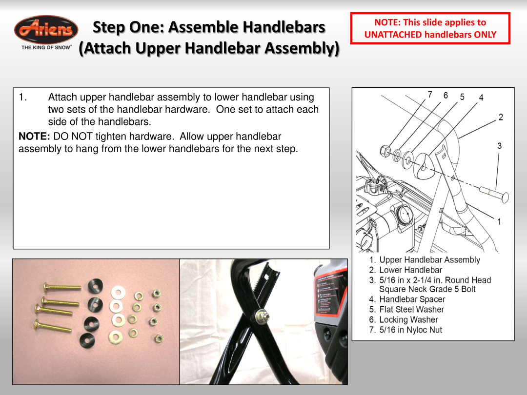 Ariens 921023 quick start Step One Assemble Handlebars Attach Upper Handlebar Assembly 