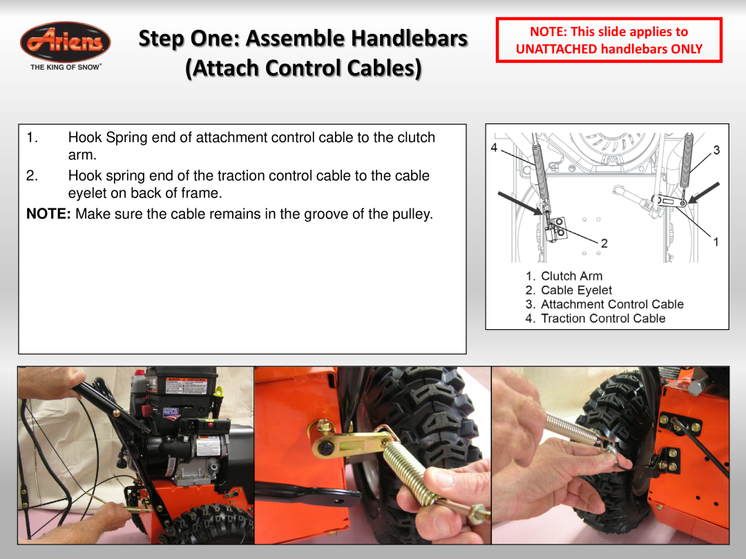 Ariens 921023 Step One Assemble Handlebars Attach Control Cables, NOTE This slide applies to UNATTACHED handlebars ONLY 