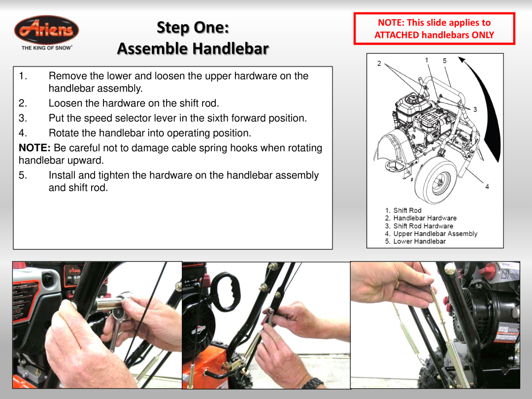 Ariens 921023 quick start Step One Assemble Handlebar, NOTE This slide applies to ATTACHED handlebars ONLY 