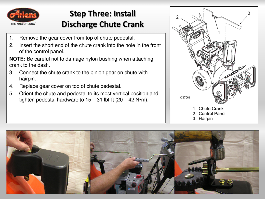 Ariens 921023 quick start Step Three Install Discharge Chute Crank 