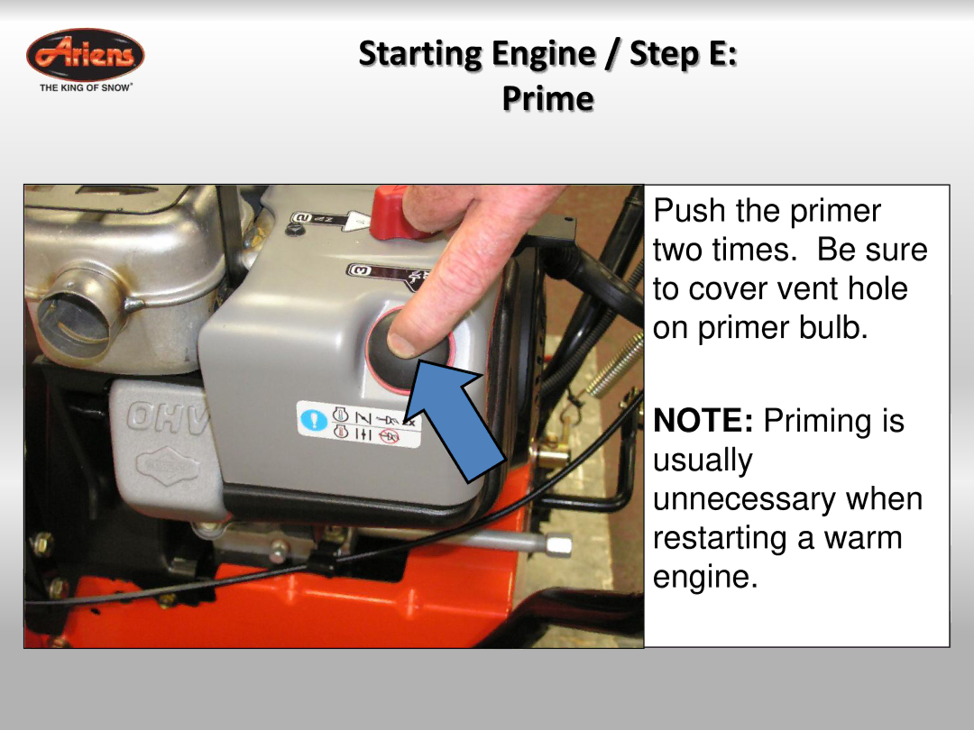 Ariens 921023 quick start Starting Engine / Step E Prime 