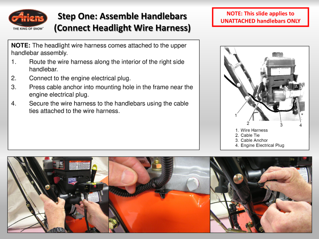 Ariens 921023 quick start Step One Assemble Handlebars Connect Headlight Wire Harness 