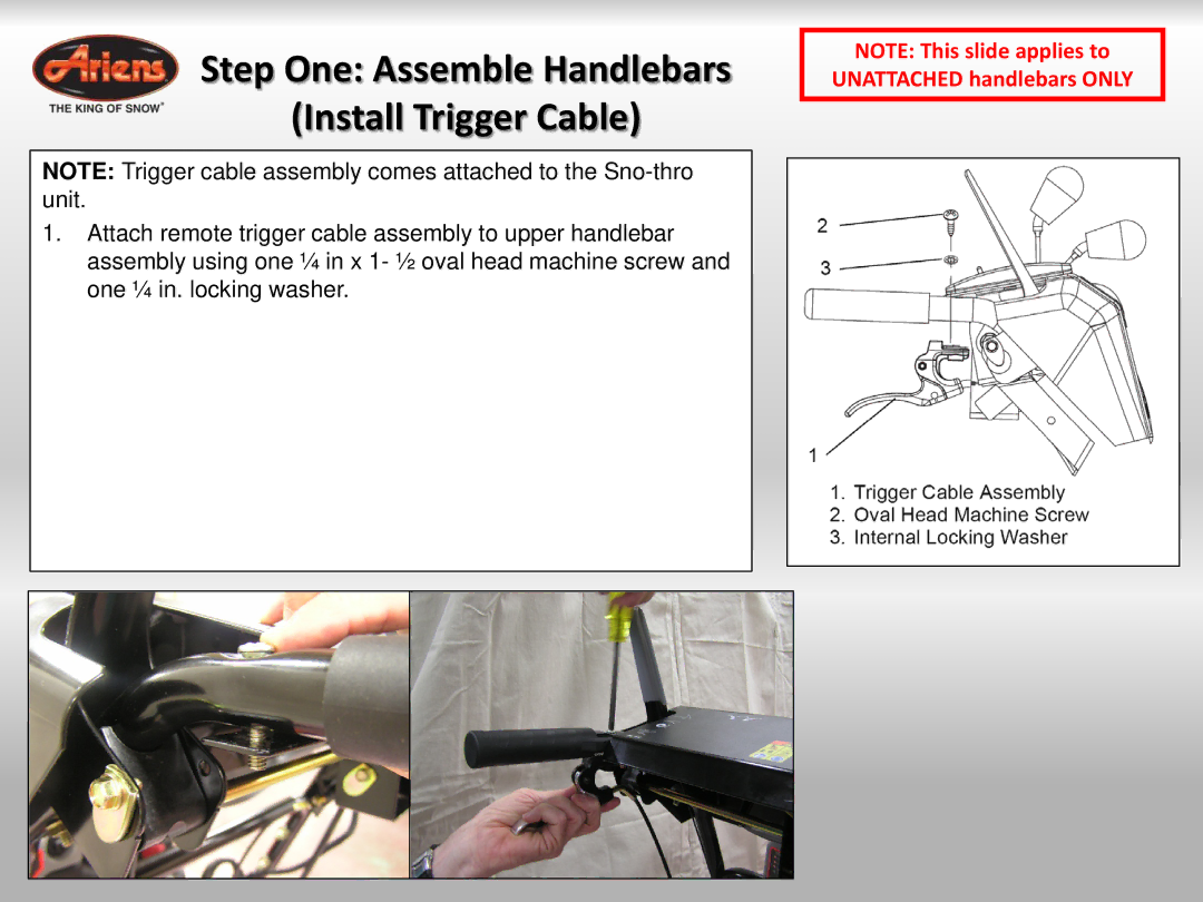 Ariens 921023 quick start Step One Assemble Handlebars Install Trigger Cable 