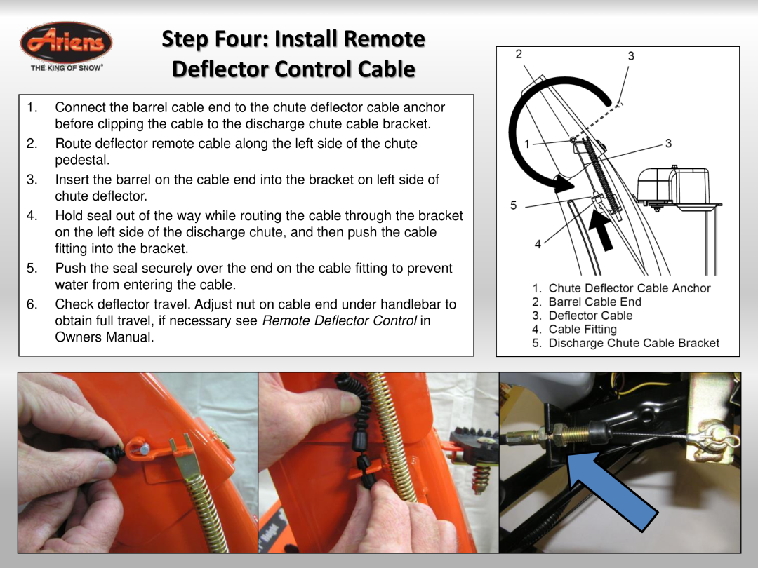 Ariens 921024 quick start Step Four Install Remote Deflector Control Cable 