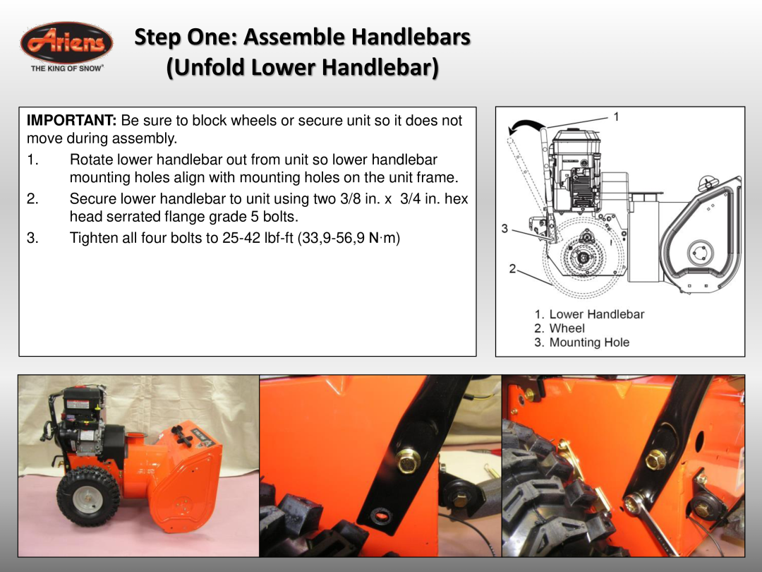 Ariens 921032 quick start Step One Assemble Handlebars, Unfold Lower Handlebar 