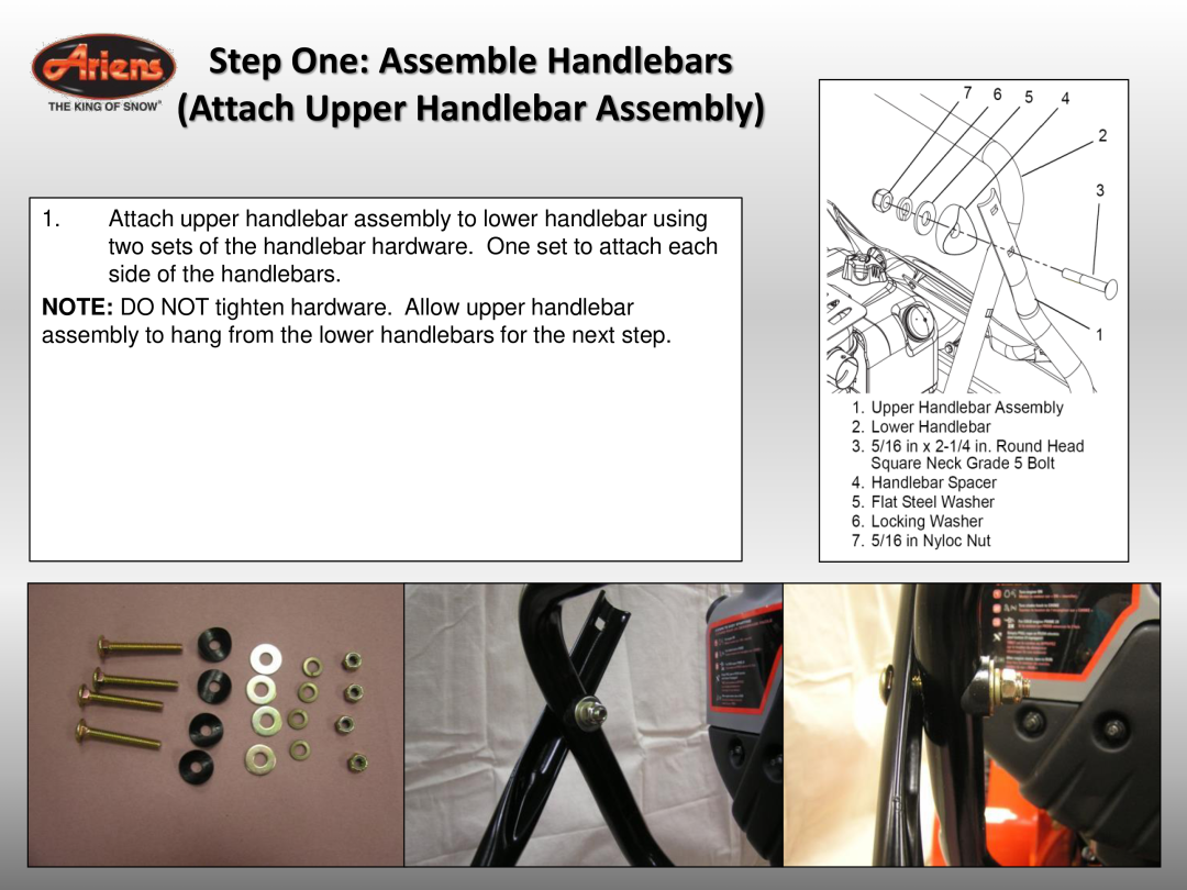 Ariens 921032 quick start Attach Upper Handlebar Assembly, Step One Assemble Handlebars 