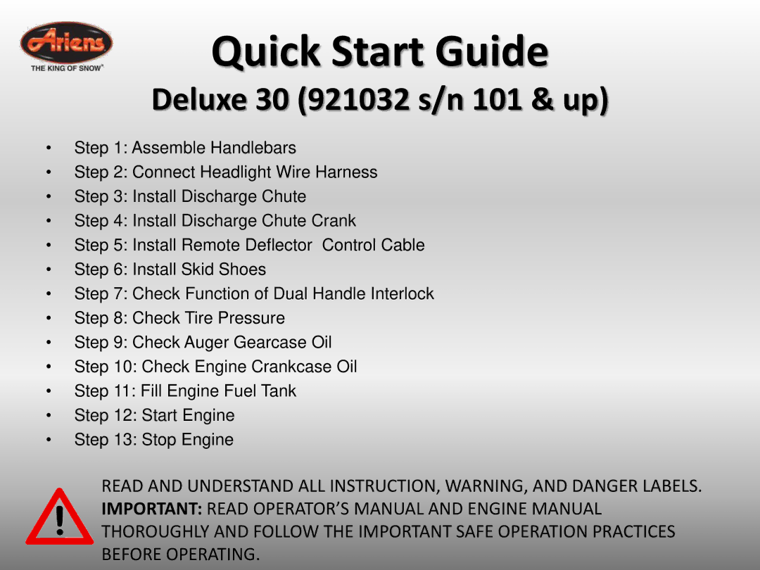 Ariens 921032 quick start Quick Start Guide 