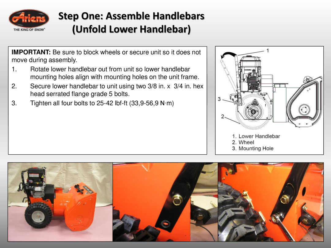 Ariens 921032 quick start Step One Assemble Handlebars Unfold Lower Handlebar 