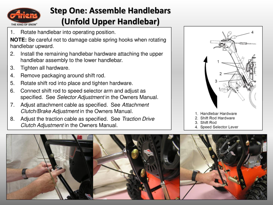 Ariens 921032 quick start Step One Assemble Handlebars Unfold Upper Handlebar 