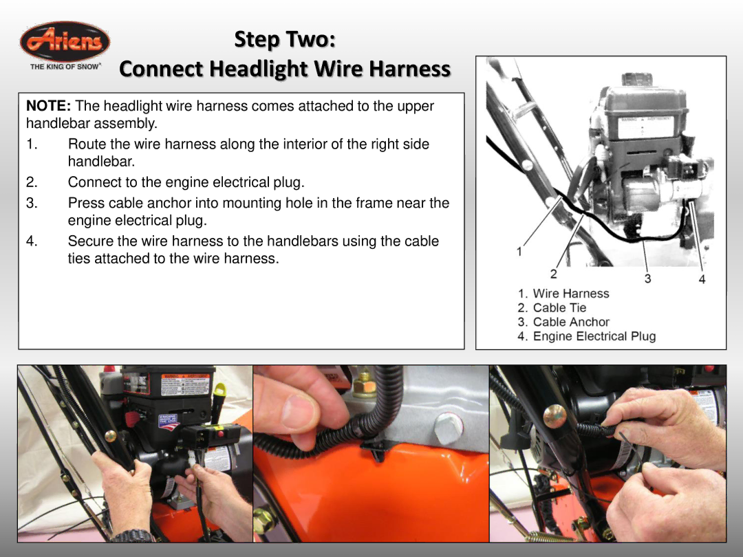 Ariens 921032 quick start Step Two Connect Headlight Wire Harness 