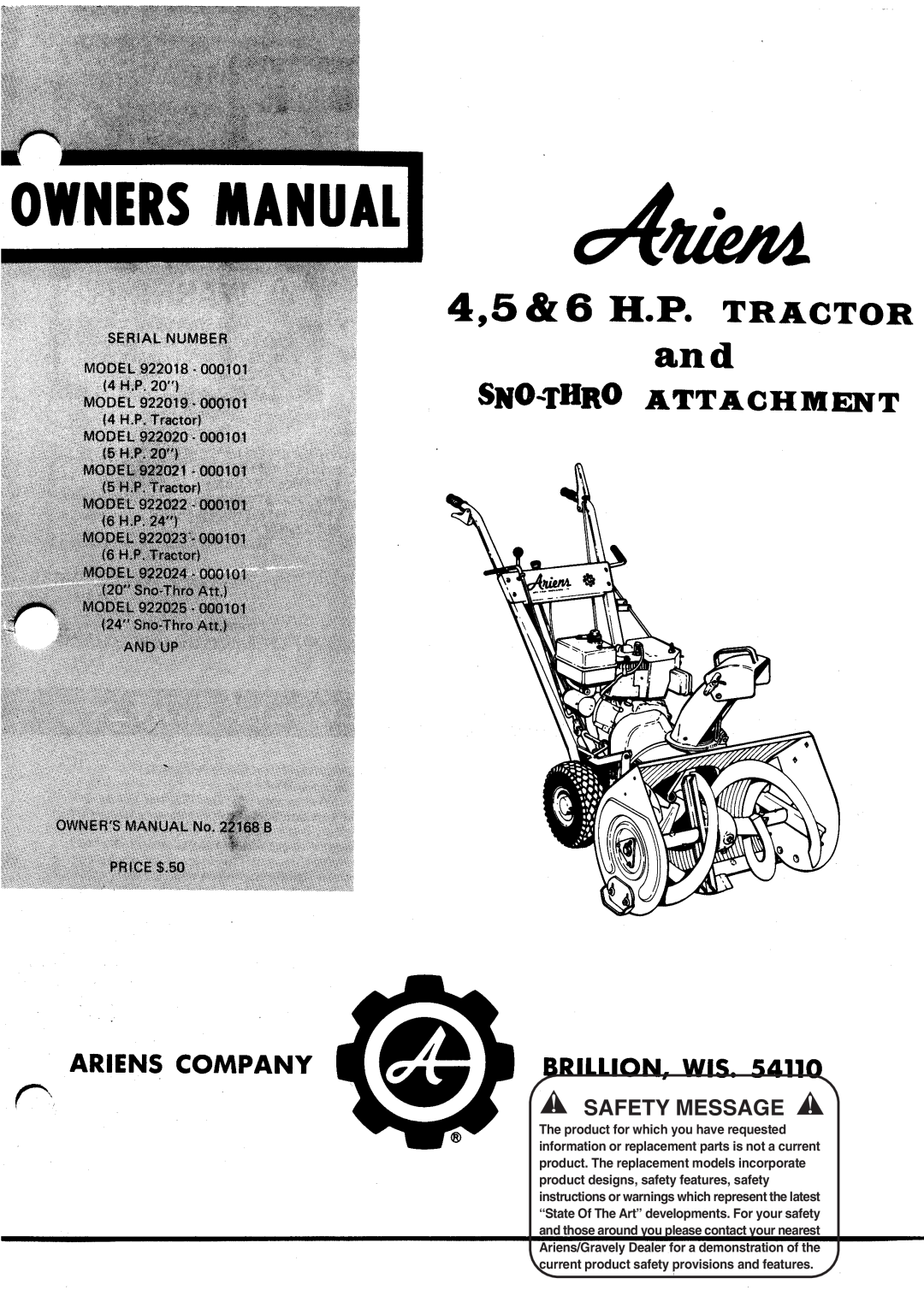 Ariens 922021-000101, 922020-000101, 922019, 922022-000101, 922025, 922023-000101, 922024, 922018 manual Safety Message 