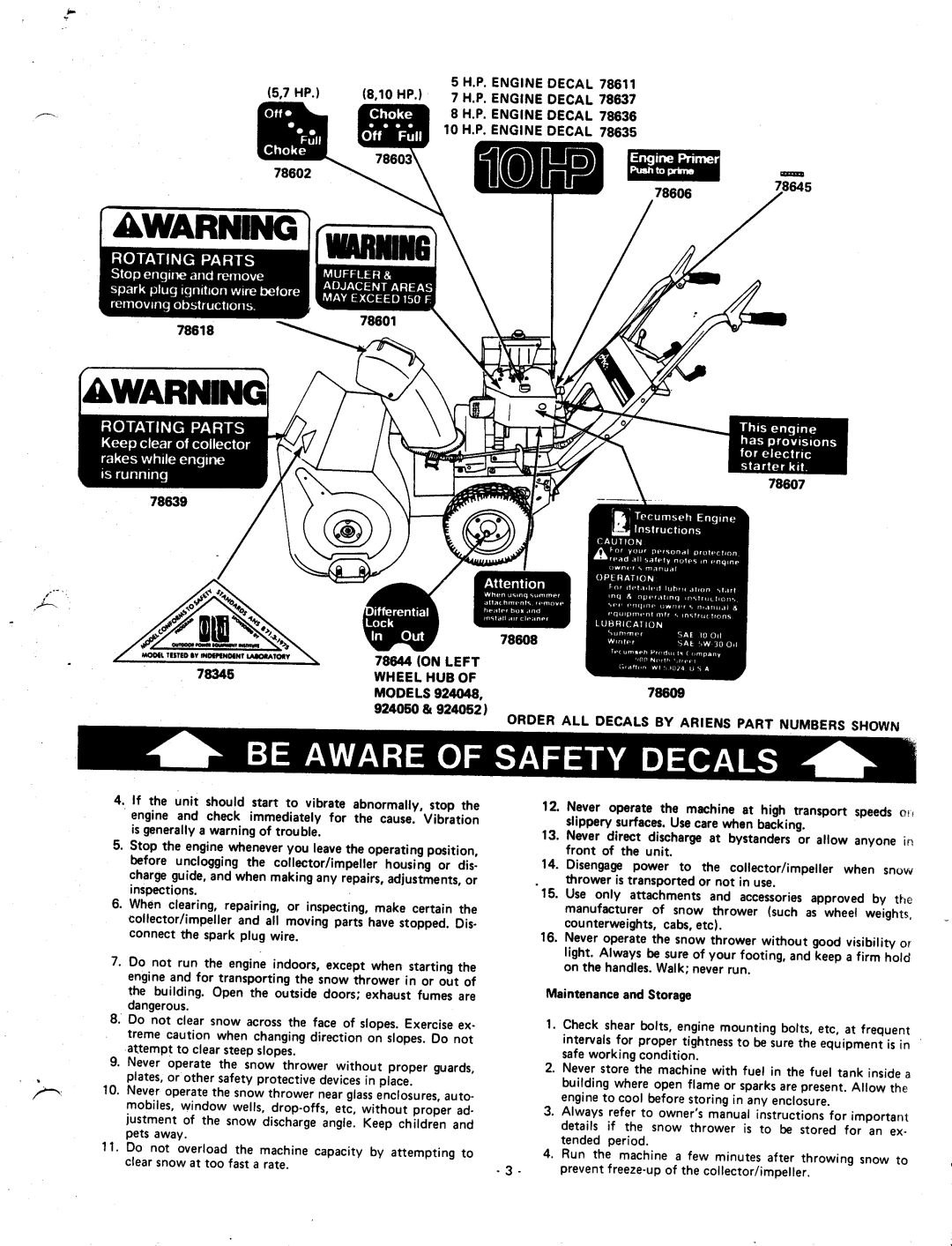 Ariens 924000 Series, 924051, 924049, 924046, 924052 manual 