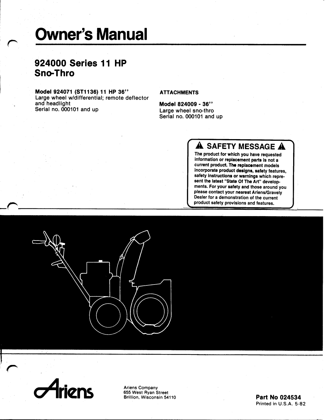 Ariens 924071 manual 