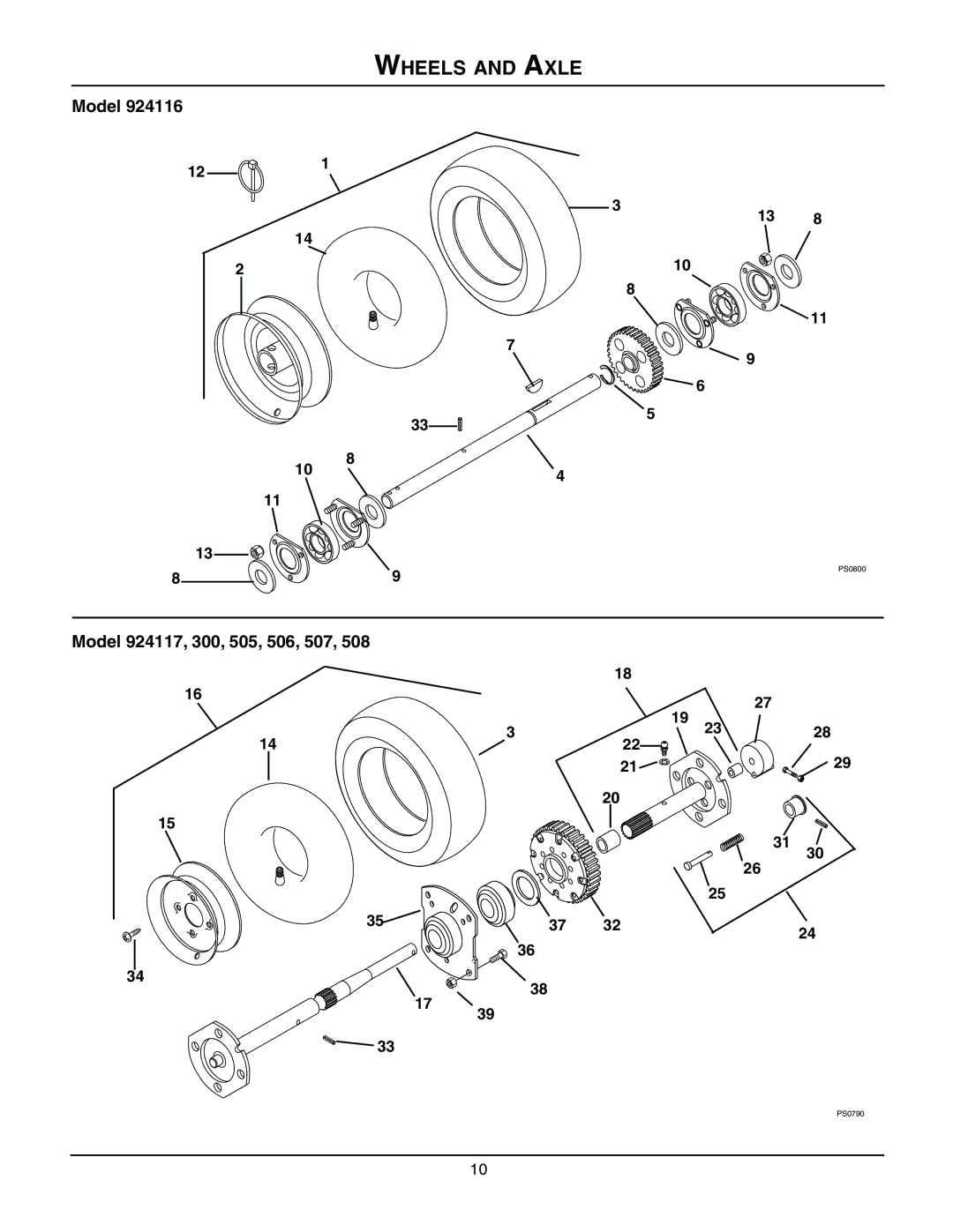 Ariens 924300 - 1024, 924117 - 1024, 924116 - 1028, 924507 - 936 manual Wheels and Axle, Model 924117, 300, 505, 506, 507 