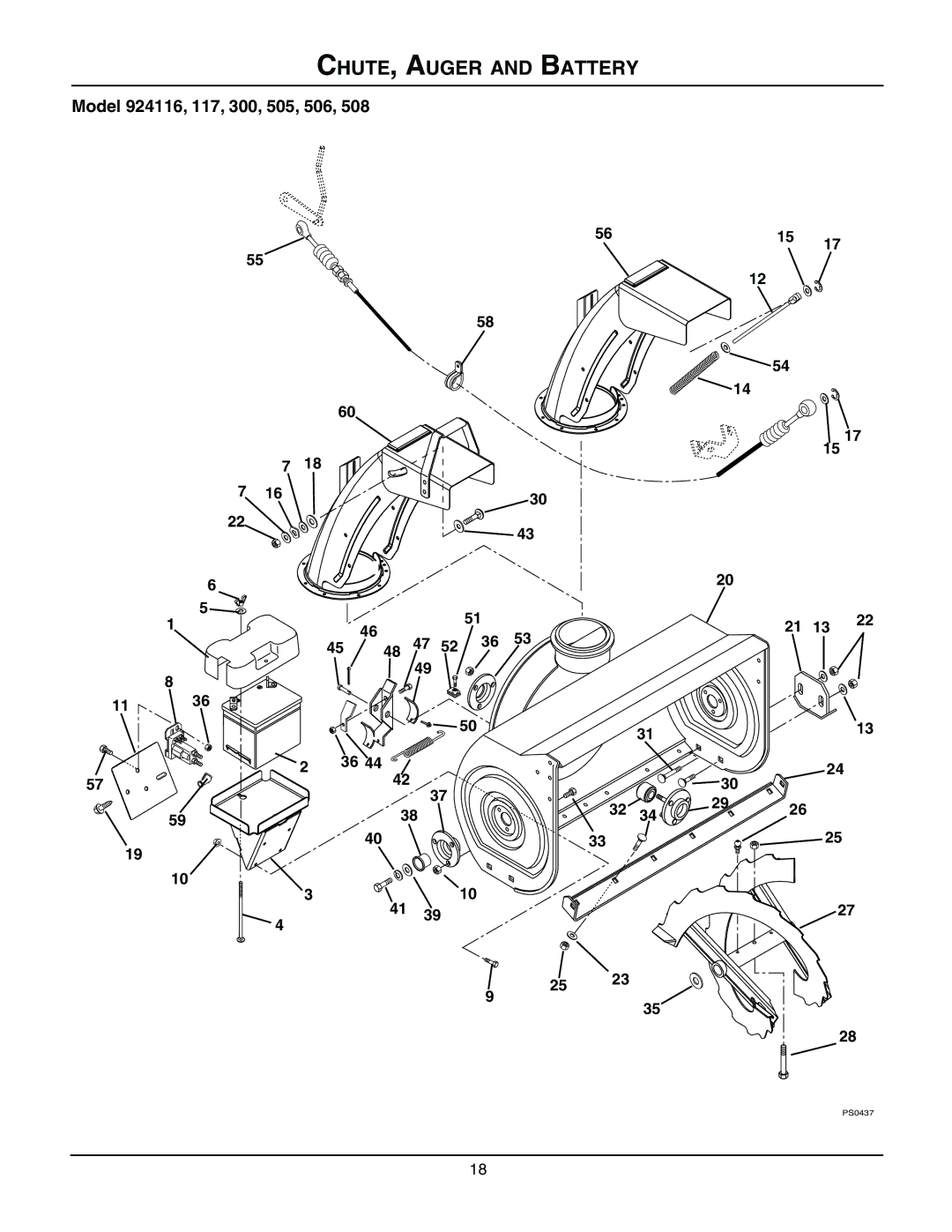 Ariens 924300 - 1024, 924117 - 1024, 924116 - 1028, 924507 - 936 CHUTE, Auger and Battery, Model 924116, 117, 300, 505, 506 