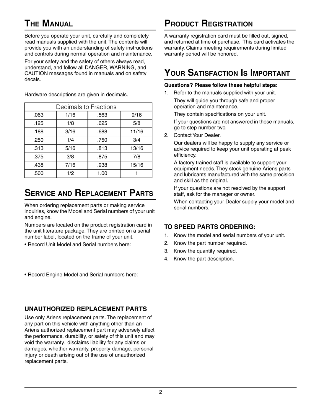 Ariens 924300 - 1024 manual Manual, Service and Replacement Parts, Product Registration, Your Satisfaction is Important 