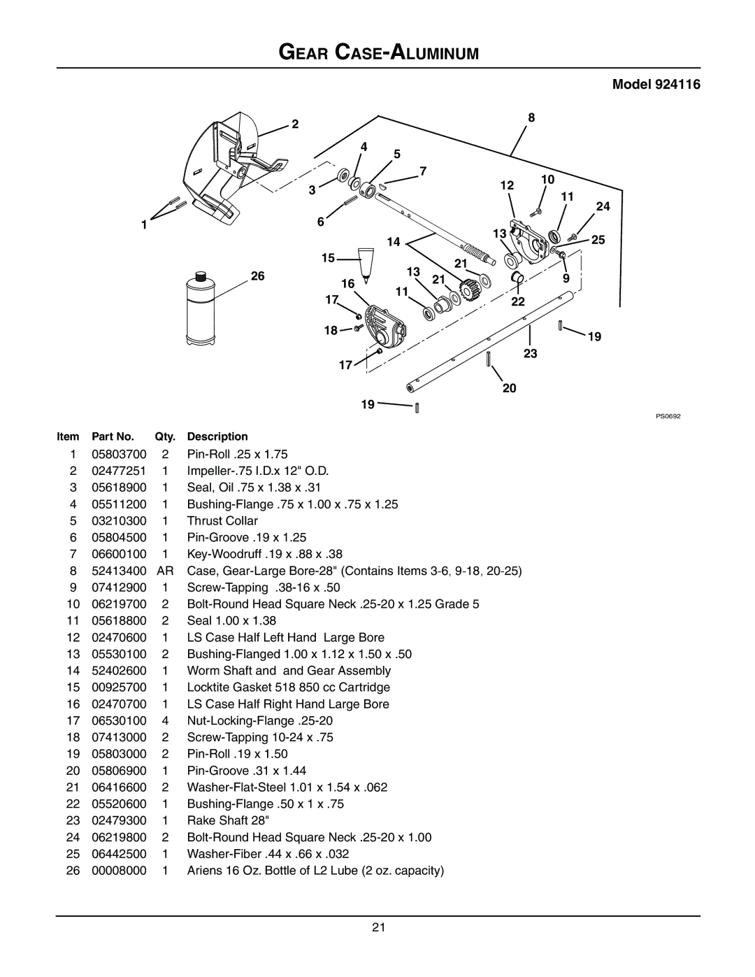 Ariens 924116 - 1028, 924117 - 1024, 924300 - 1024, 924507 - 936 manual Gear CASE-ALUMINUM, Model 