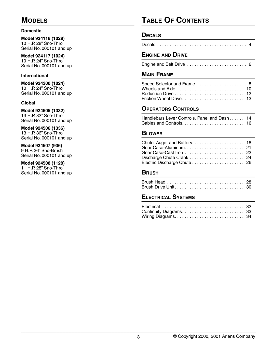 Ariens 924507 - 936, 924117 - 1024, 924116 - 1028, 924300 - 1024 manual Models, Table of Contents 