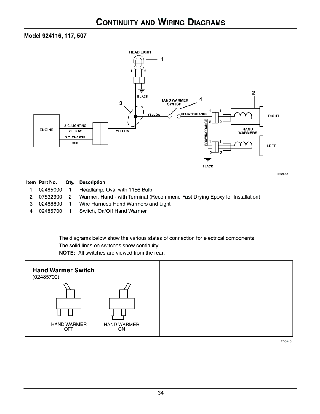 Ariens 924300 - 1024, 924117 - 1024, 924116 - 1028, 924507 - 936 manual Continuity and Wiring Diagrams, Model 924116, 117 