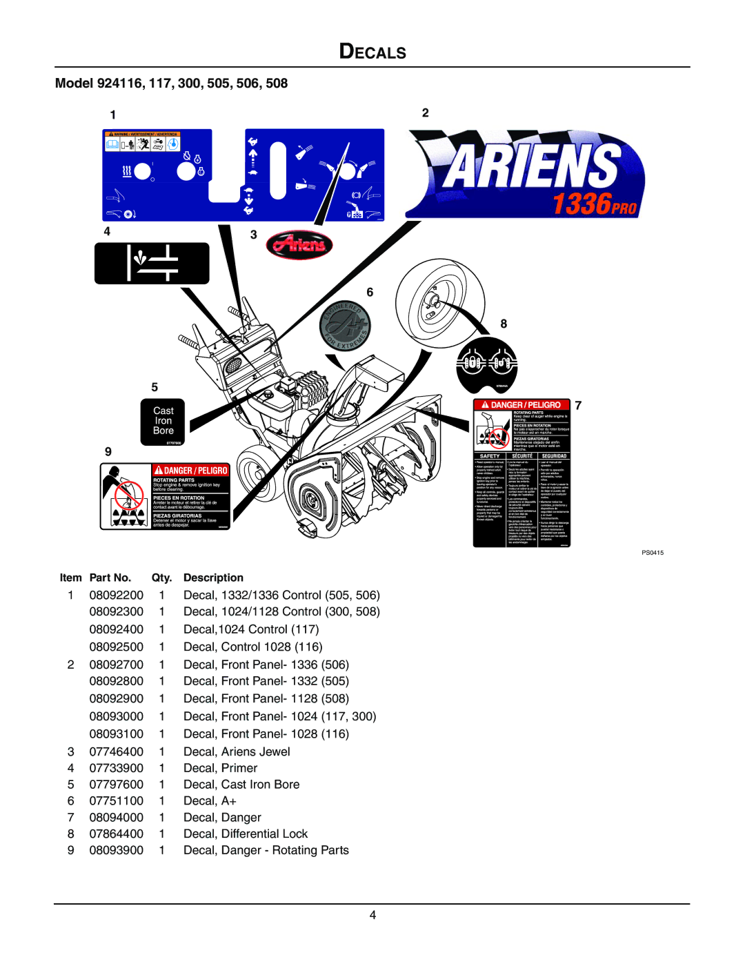 Ariens 924117 - 1024, 924116 - 1028, 924300 - 1024, 924507 - 936 manual Decals, Model 924116, 117, 300, 505, 506 