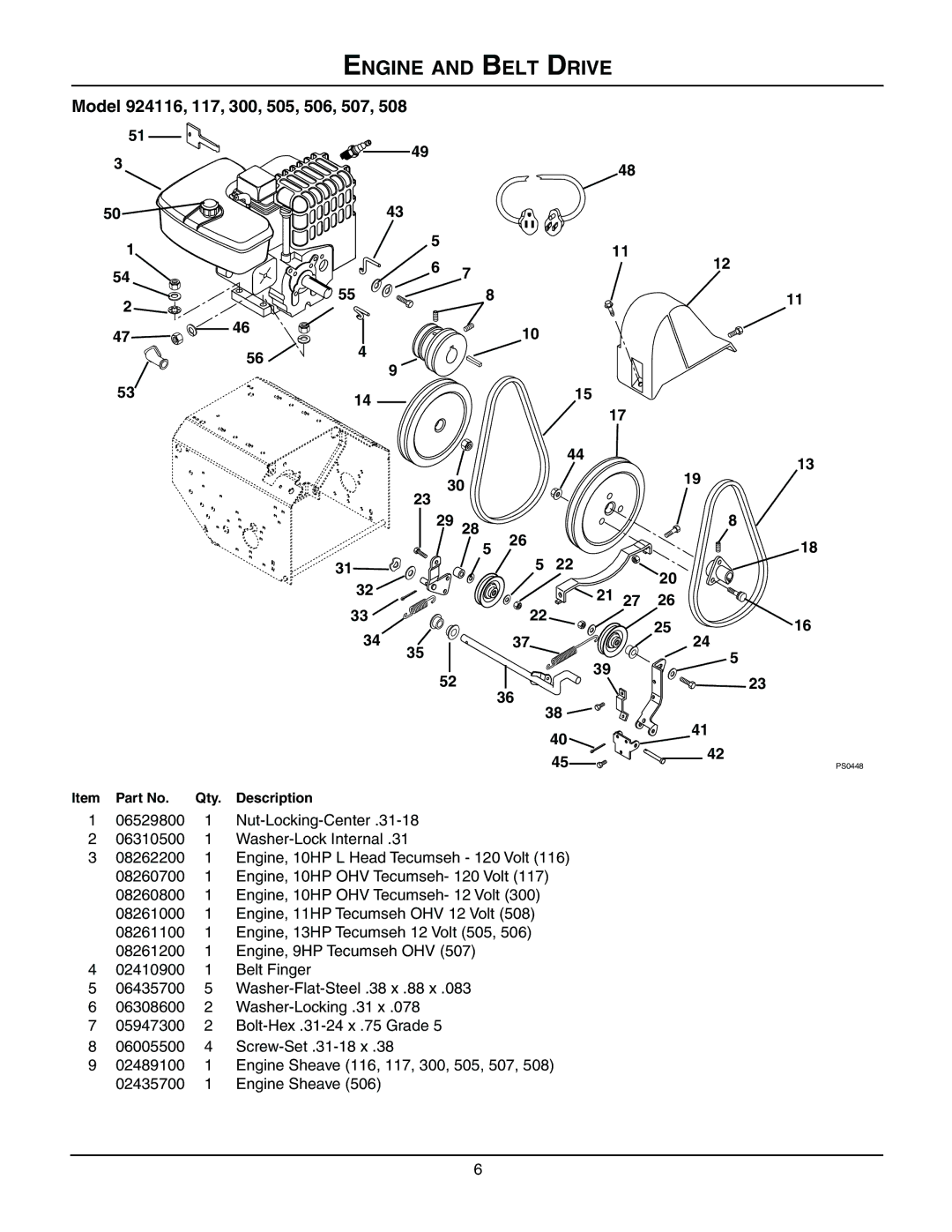 Ariens 924300 - 1024, 924117 - 1024, 924116 - 1028 manual Engine and Belt Drive, Model 924116, 117, 300, 505, 506, 507 