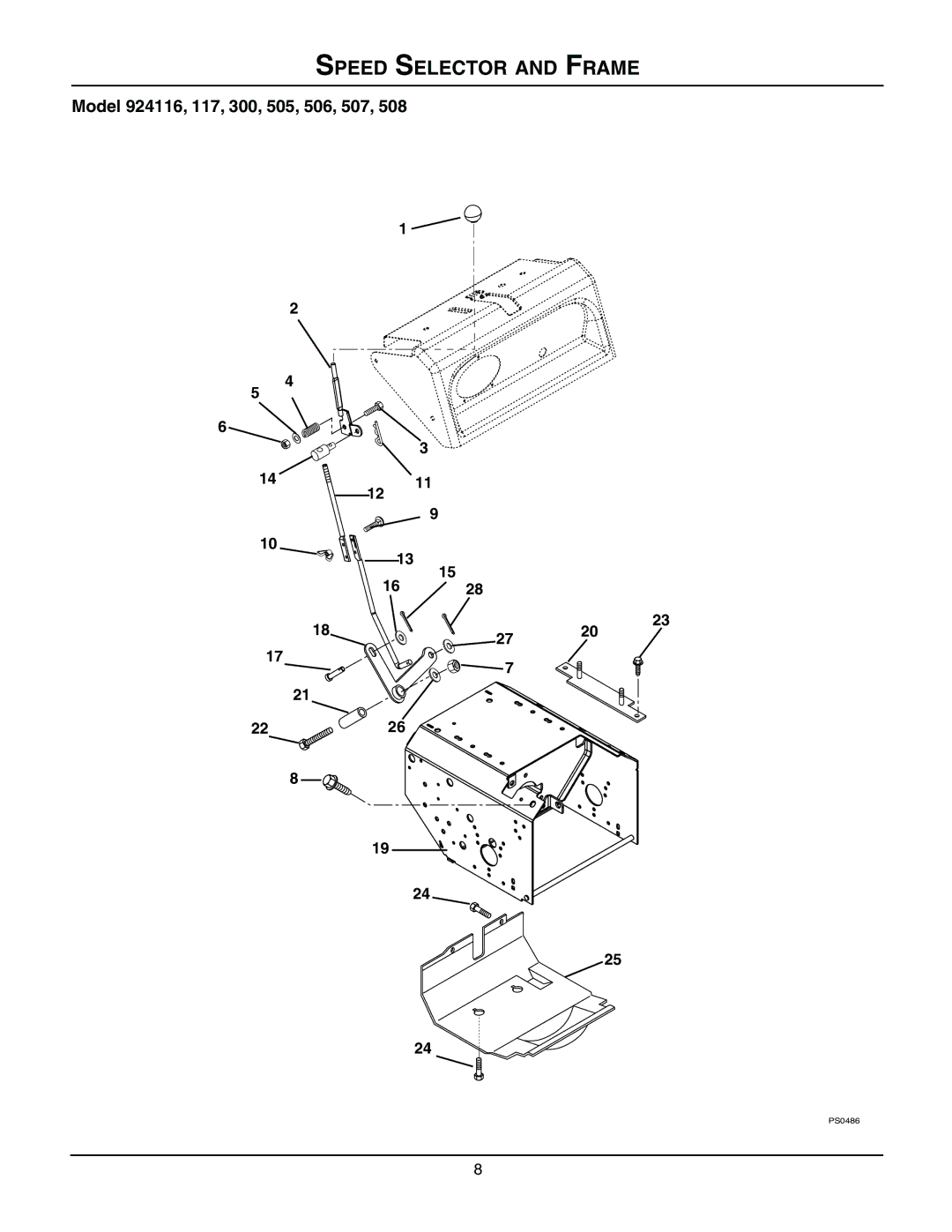 Ariens 924117 - 1024, 924116 - 1028, 924300 - 1024, 924507 - 936 manual Speed Selector and Frame 