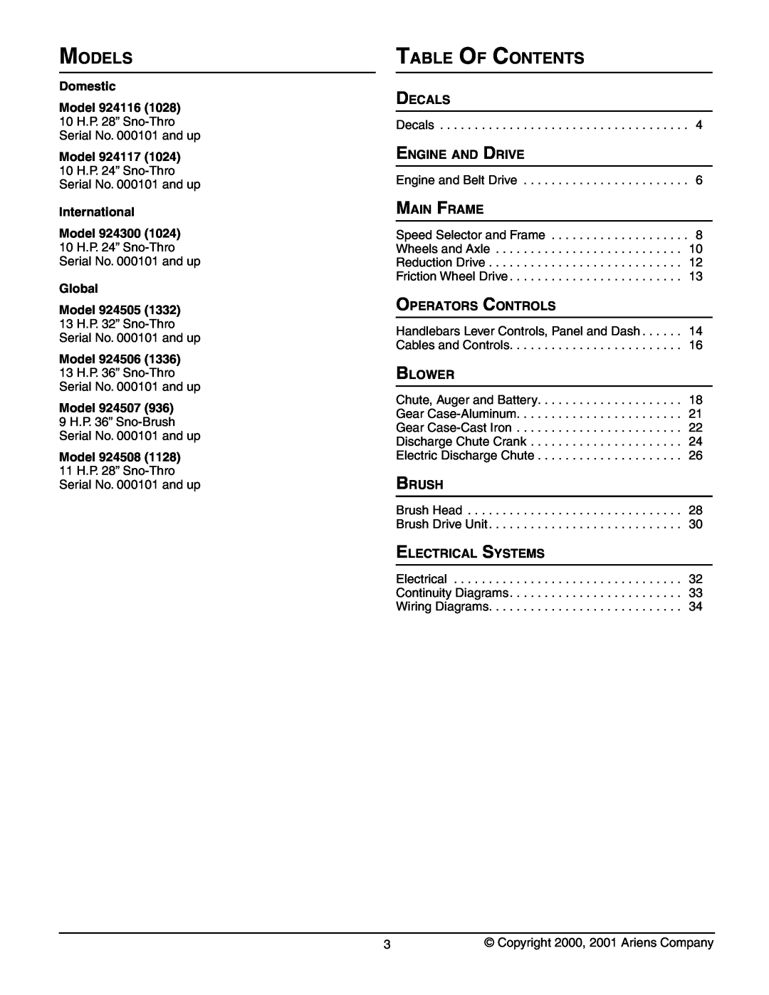 Ariens 924507 - 936, 924117 - 1024, 924116 - 1028, 924300 - 1024 manual Models, Table Of Contents 