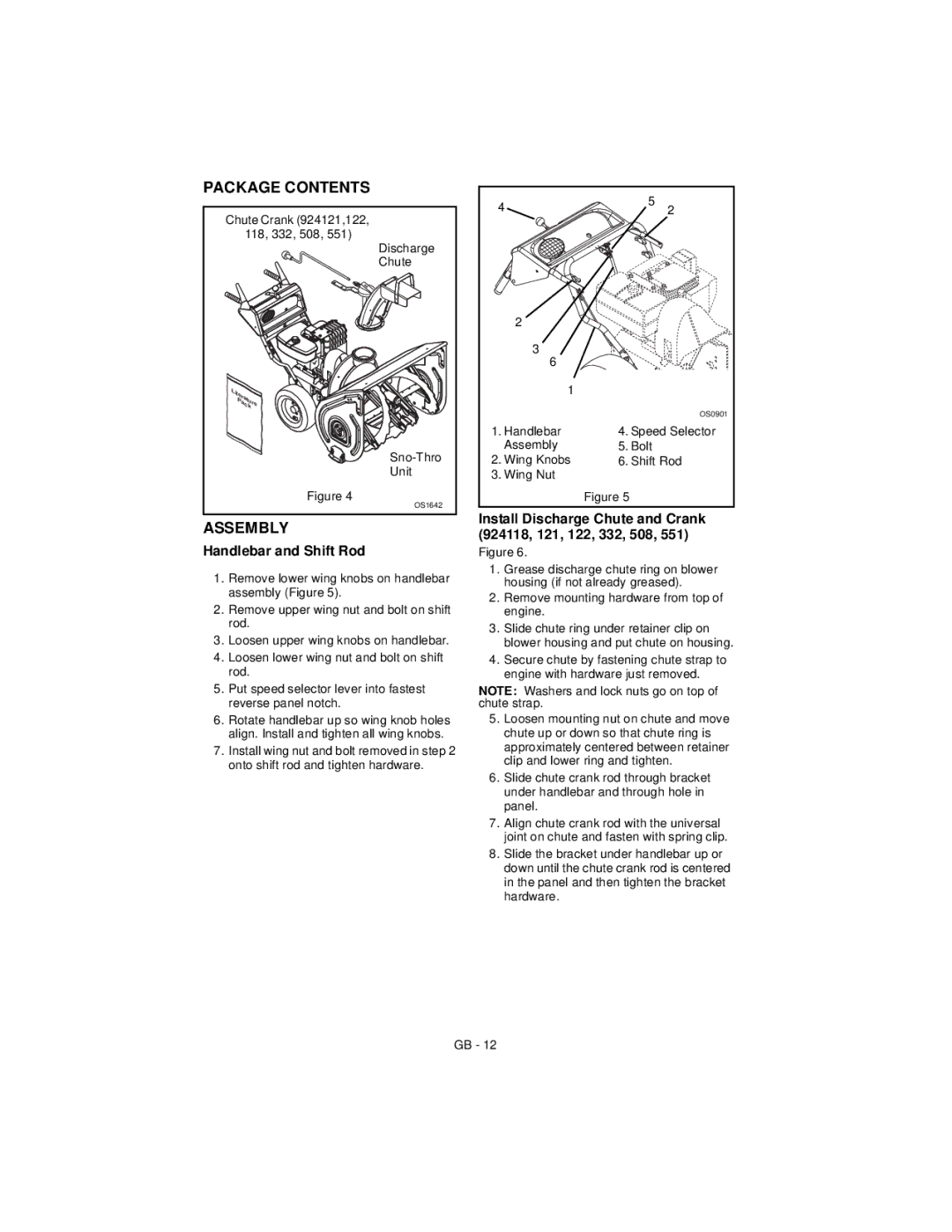 Ariens 924332 1124, 924118 8524 Package Contents, Assembly, Handlebar and Shift Rod, Install Discharge Chute and Crank 