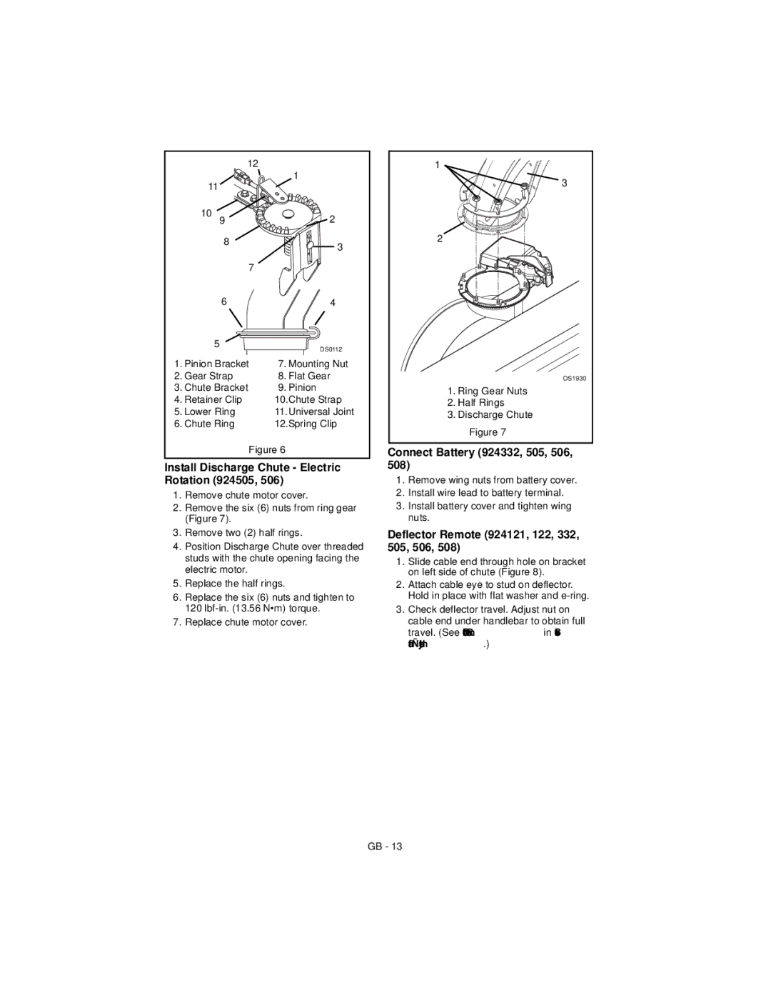 Ariens 924121 1128, 924118 8524 manual Install Discharge Chute Electric Rotation 924505, Connect Battery 924332, 505, 508 