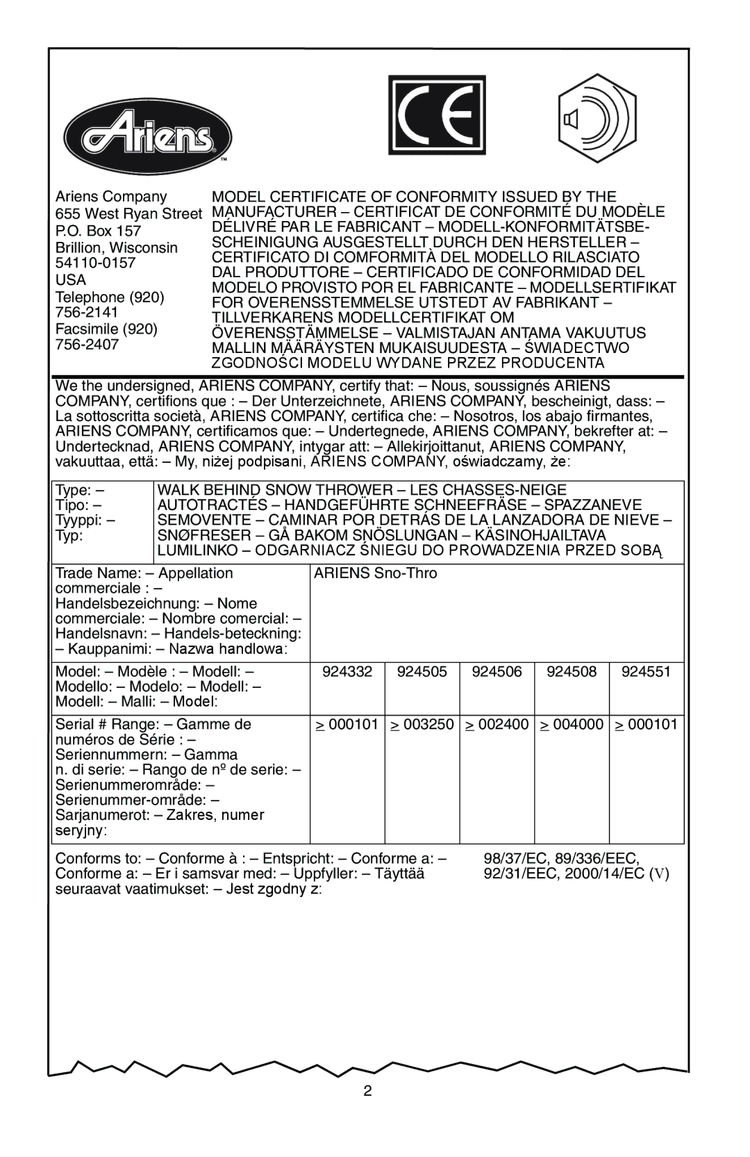 Ariens 924332 1124, 924118 8524, 924551 8524, 924121 1128, 924122 1124 manual Usa 