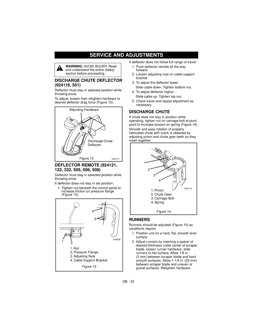 Ariens 924332 1124, 924118 8524 manual Service and Adjustments, Discharge Chute Deflector 924118, Deflector Remote, Runners 