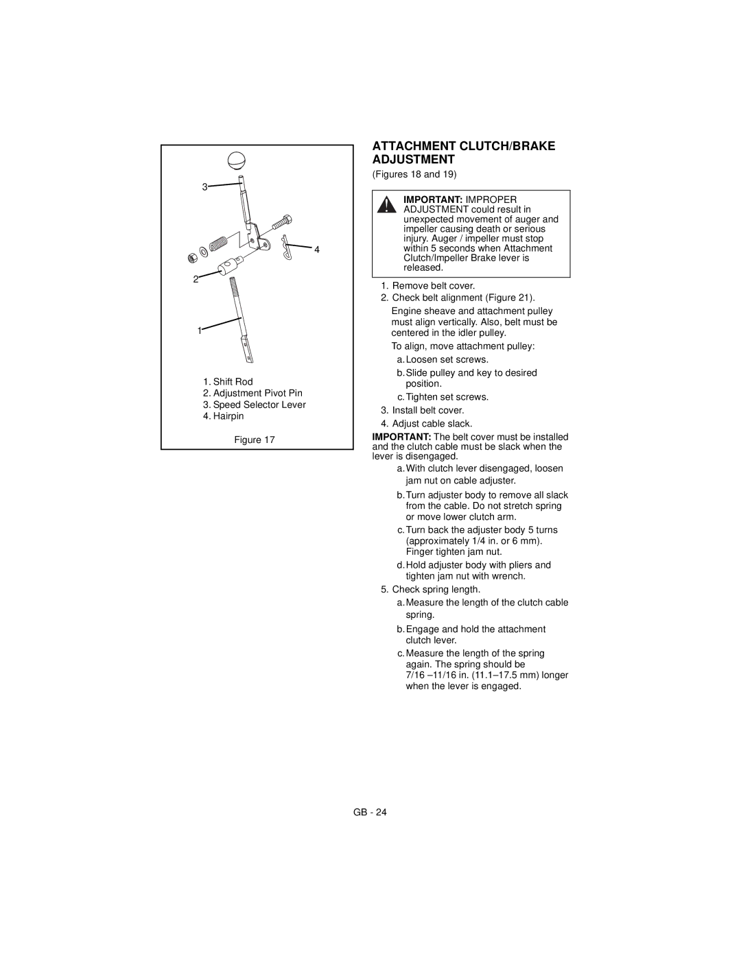 Ariens 924122 1124, 924118 8524, 924551 8524, 924332 1124, 924121 1128 manual Attachment CLUTCH/BRAKE Adjustment, Figures 18 