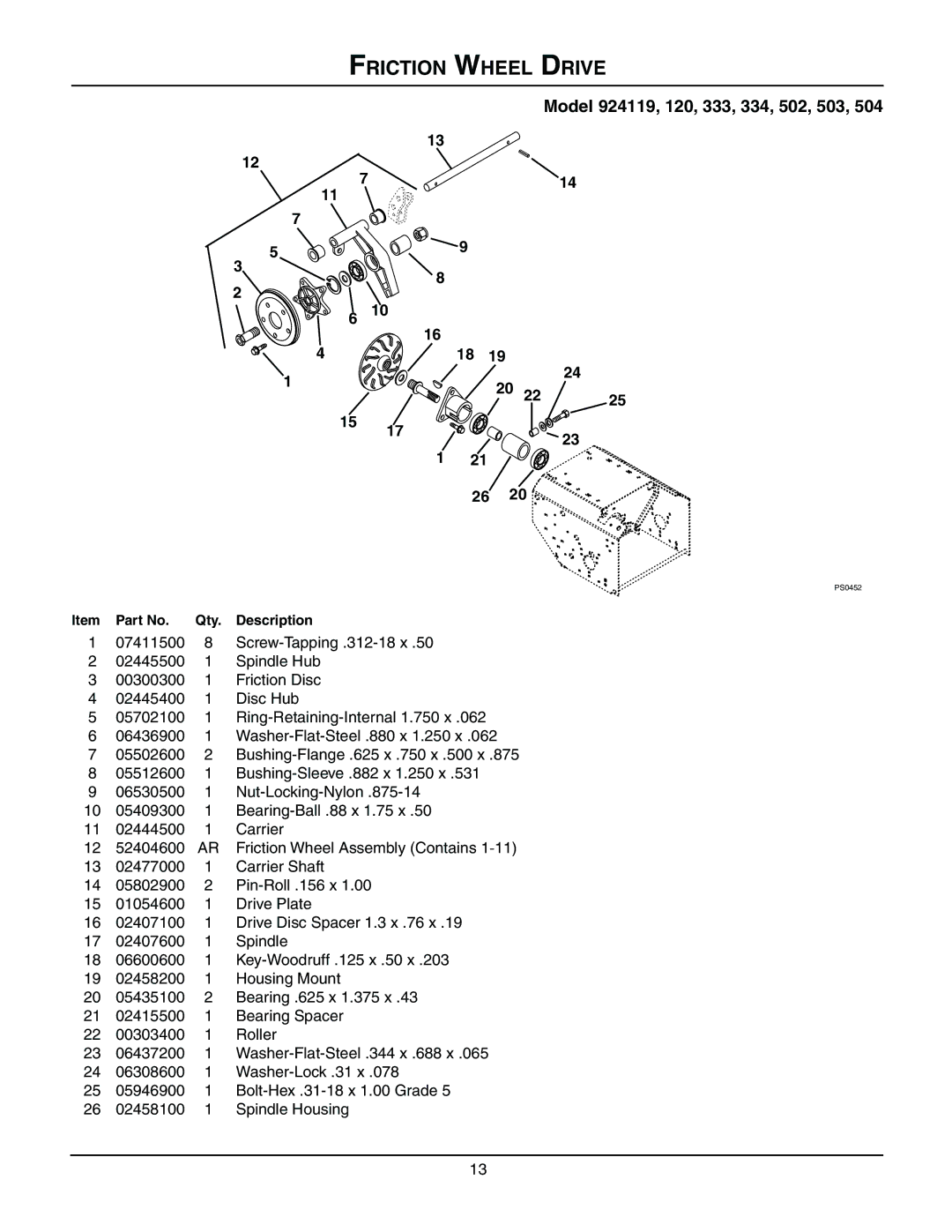 Ariens 924504 - 936, 924119 - 1028, 924120 - 1024, 924502 - 1332, 924503 - 1336, 924334 - 1128 manual Friction Wheel Drive 