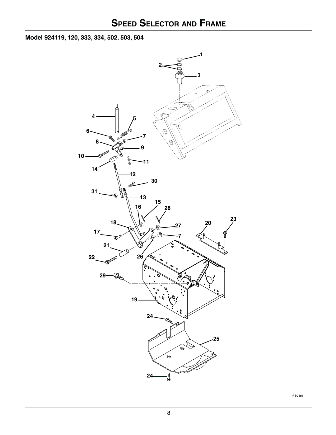 Ariens 924120 - 1024, 924119 - 1028, 924502 - 1332, 924503 - 1336, 924334 - 1128, 924333 - 1024 manual Speed Selector and Frame 