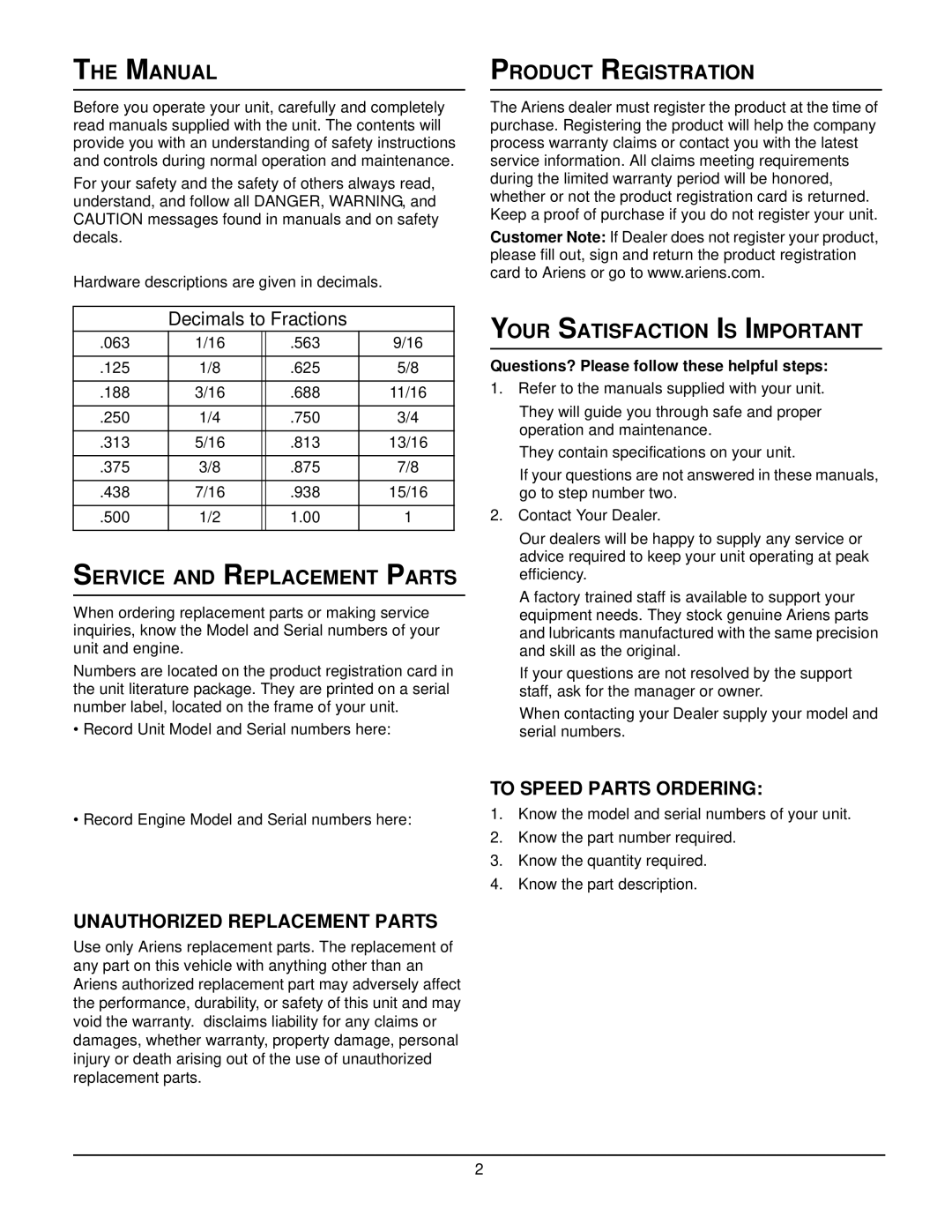 Ariens 924507 - 936 manual Manual, Service and Replacement Parts, Product Registration, Your Satisfaction is Important 