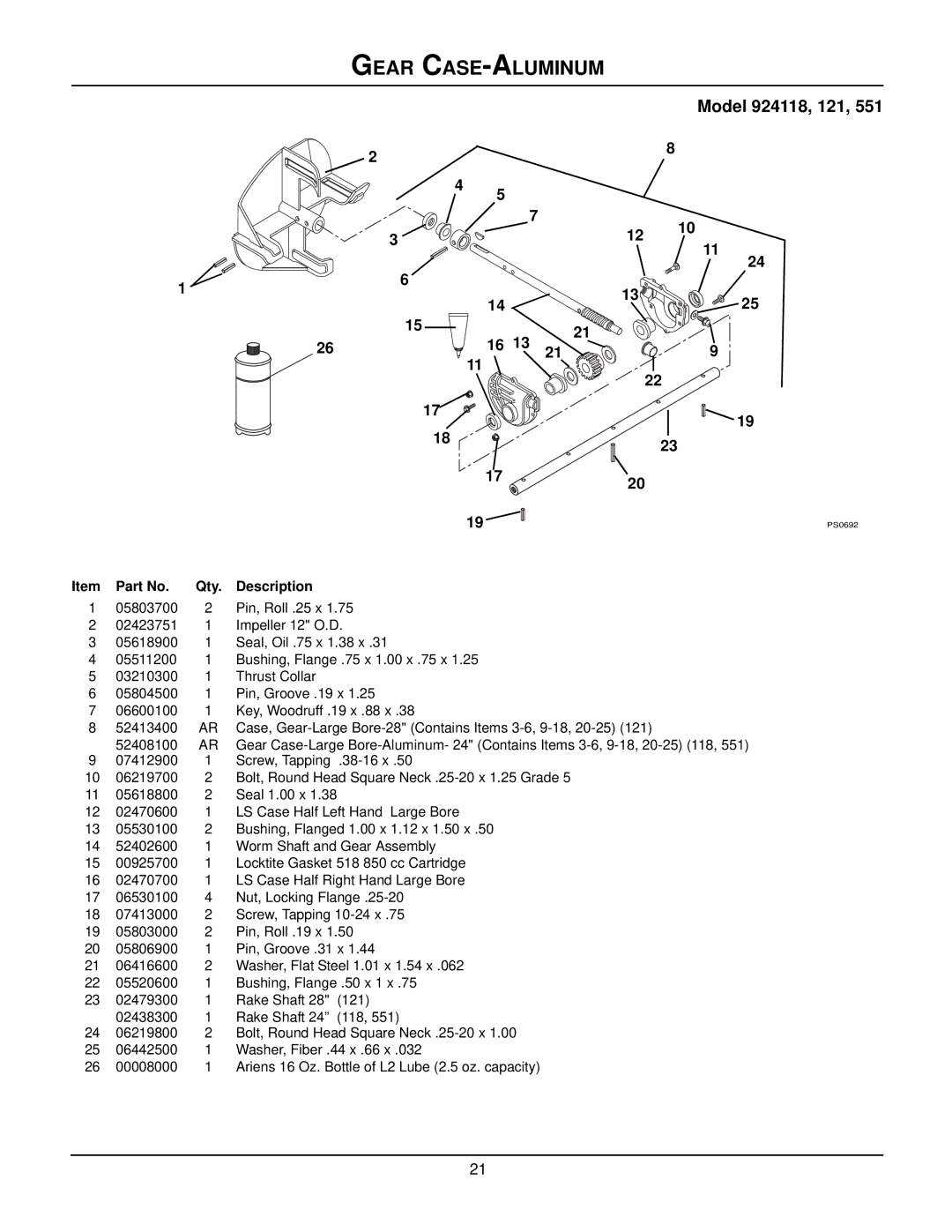 Ariens 924505 - 1332, 924506 - 1336, 924508 - 1128, 924507 - 936, 924118 - 8524 manual Gear CASE-ALUMINUM, Model 924118, 121 