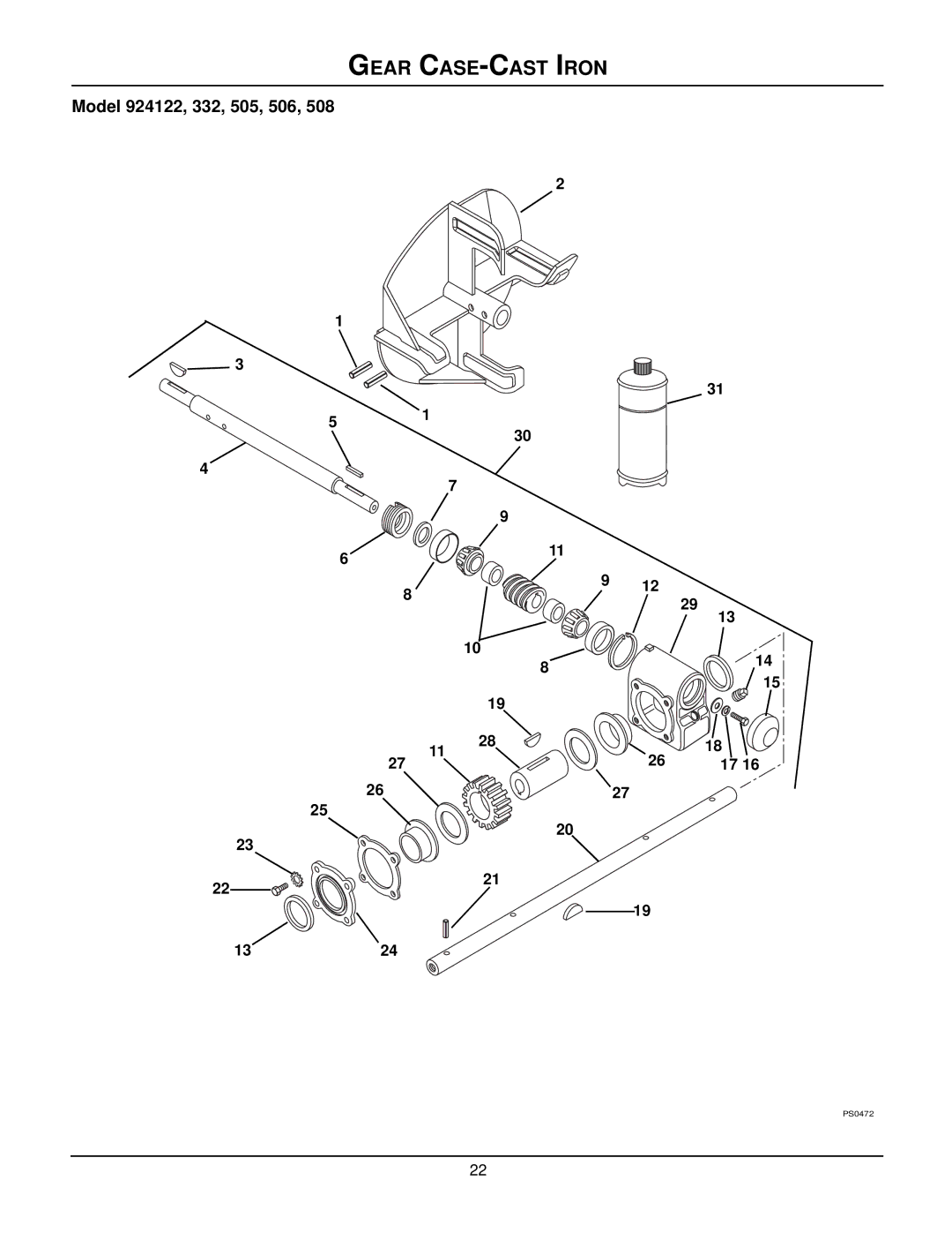 Ariens 924118 - 8524, 924506 - 1336, 924508 - 1128, 924507 - 936 manual Gear CASE-CAST Iron, Model 924122, 332, 505, 506 