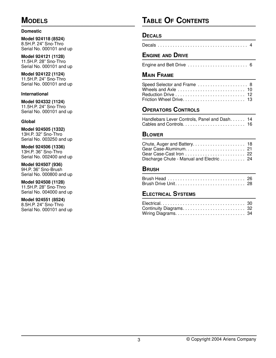 Ariens 924505 - 1332, 924506 - 1336, 924508 - 1128, 924507 - 936, 924118 - 8524, 924121 - 1128 manual Models, Table of Contents 