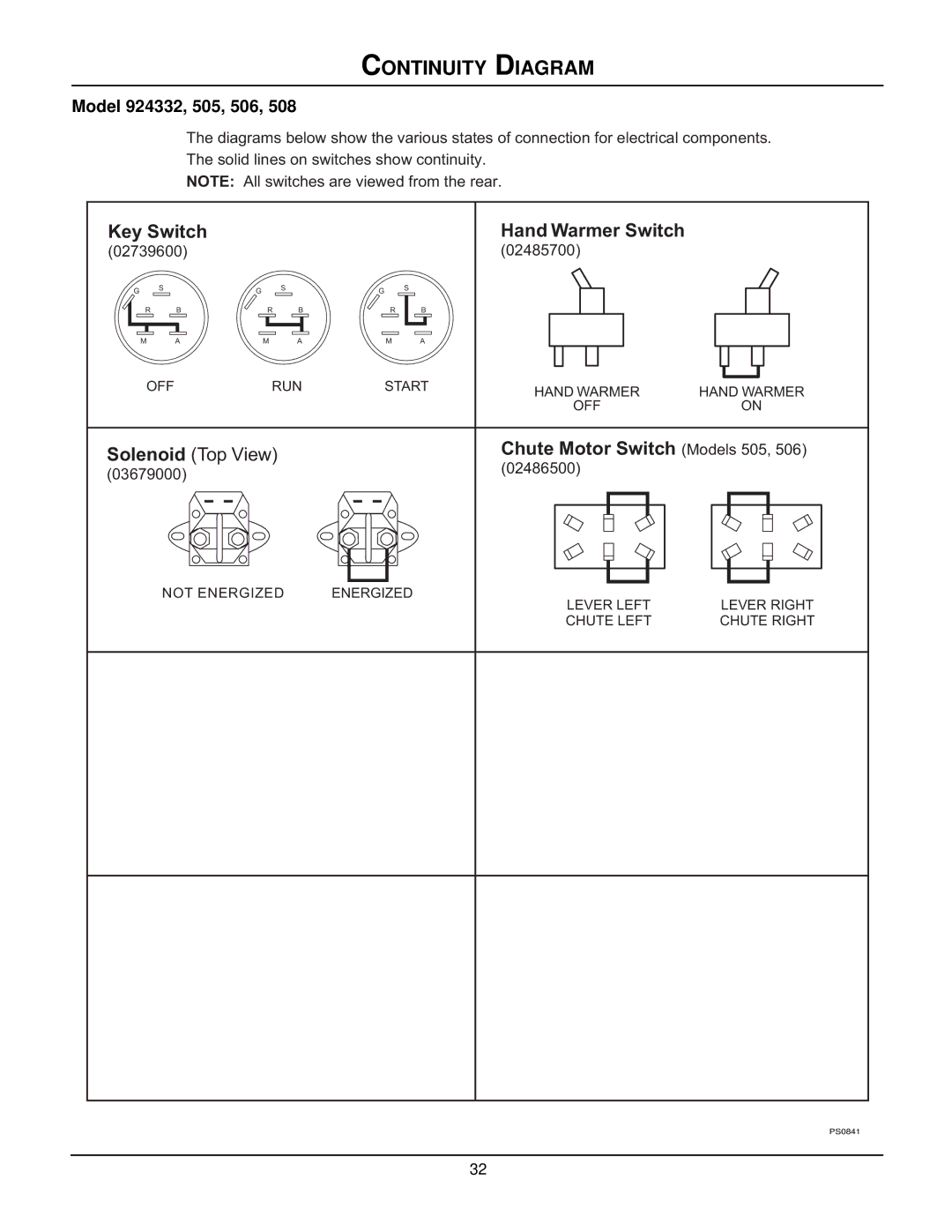 Ariens 924121 - 1128, 924506 - 1336, 924508 - 1128, 924507 - 936, 924505 - 1332 Continuity Diagram, Model 924332, 505, 506 