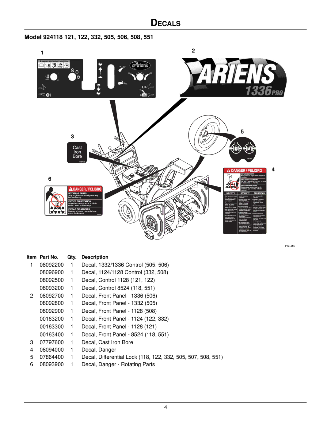 Ariens 924118 - 8524, 924506 - 1336, 924508 - 1128, 924507 - 936 manual Decals, Model 924118 121, 122, 332, 505, 506, 508 