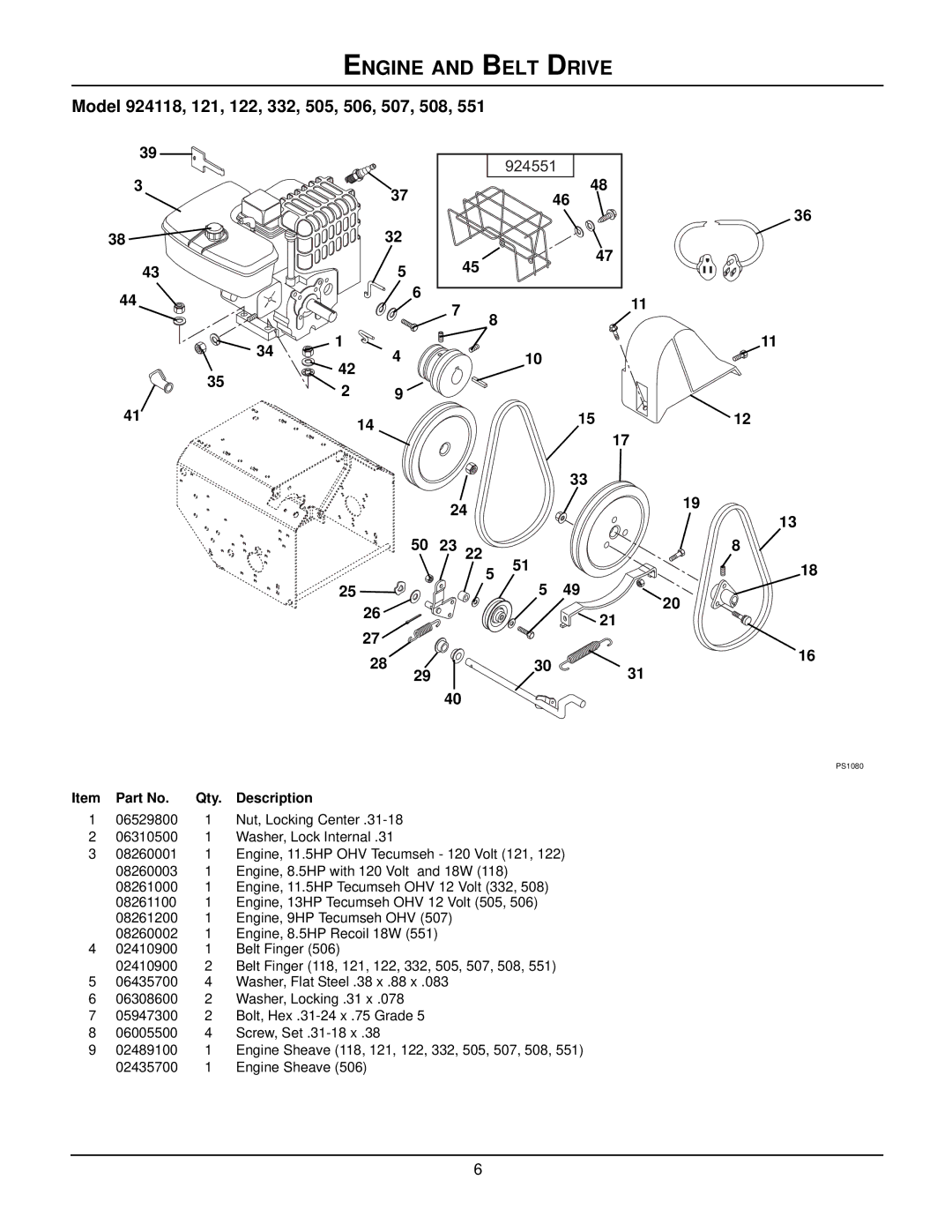 Ariens 924551 - 8524, 924506 - 1336, 924508 - 1128 Engine and Belt Drive, Model 924118, 121, 122, 332, 505, 506, 507, 508 