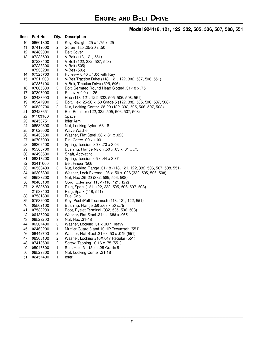 Ariens 924332 - 1124, 924506 - 1336, 924508 - 1128, 924507 - 936, 924505 - 1332, 924118 - 8524 manual Engine and Belt Drive 