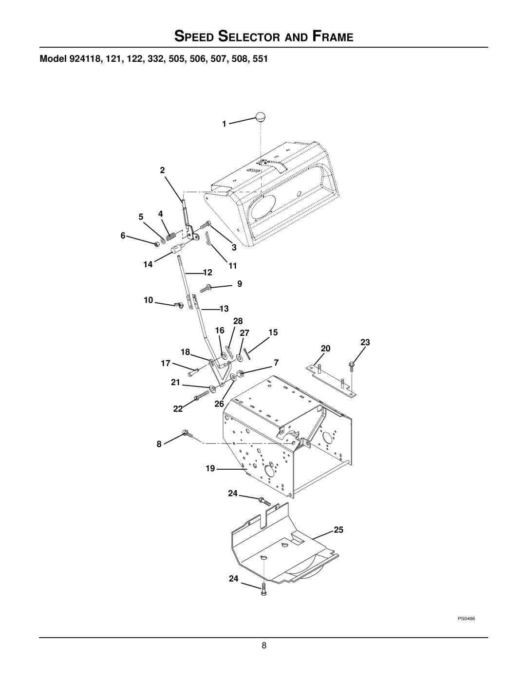 Ariens 924122 - 1124, 924506 - 1336, 924508 - 1128, 924507 - 936, 924505 - 1332, 924118 - 8524 manual Speed Selector and Frame 