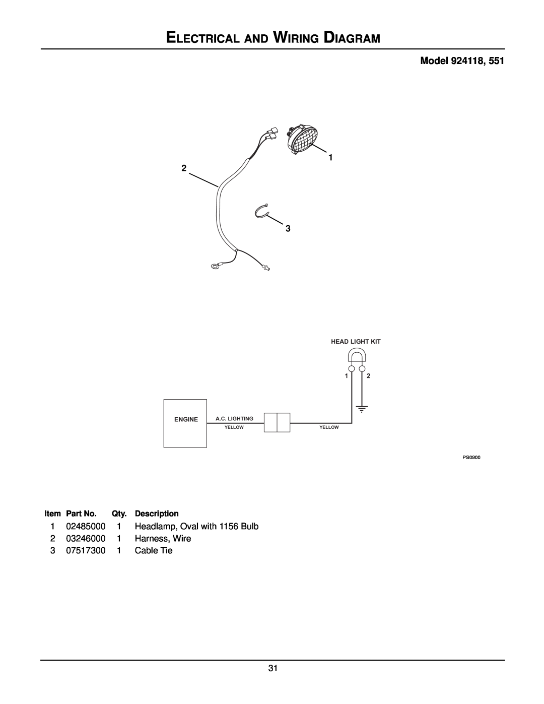 Ariens 924118 - 8524, 924506 - 1336 Electrical And Wiring Diagram, Model, Item Part No. Qty. Description, Yellow, PS0900 