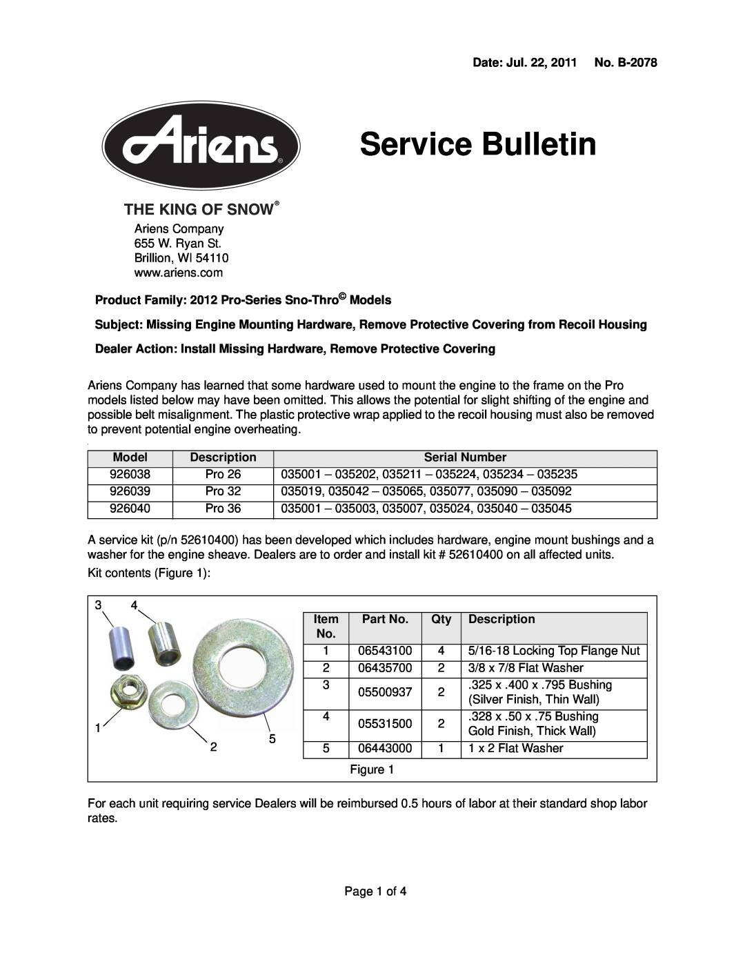 Ariens 926040, 926039, 926038 manual Service Bulletin 