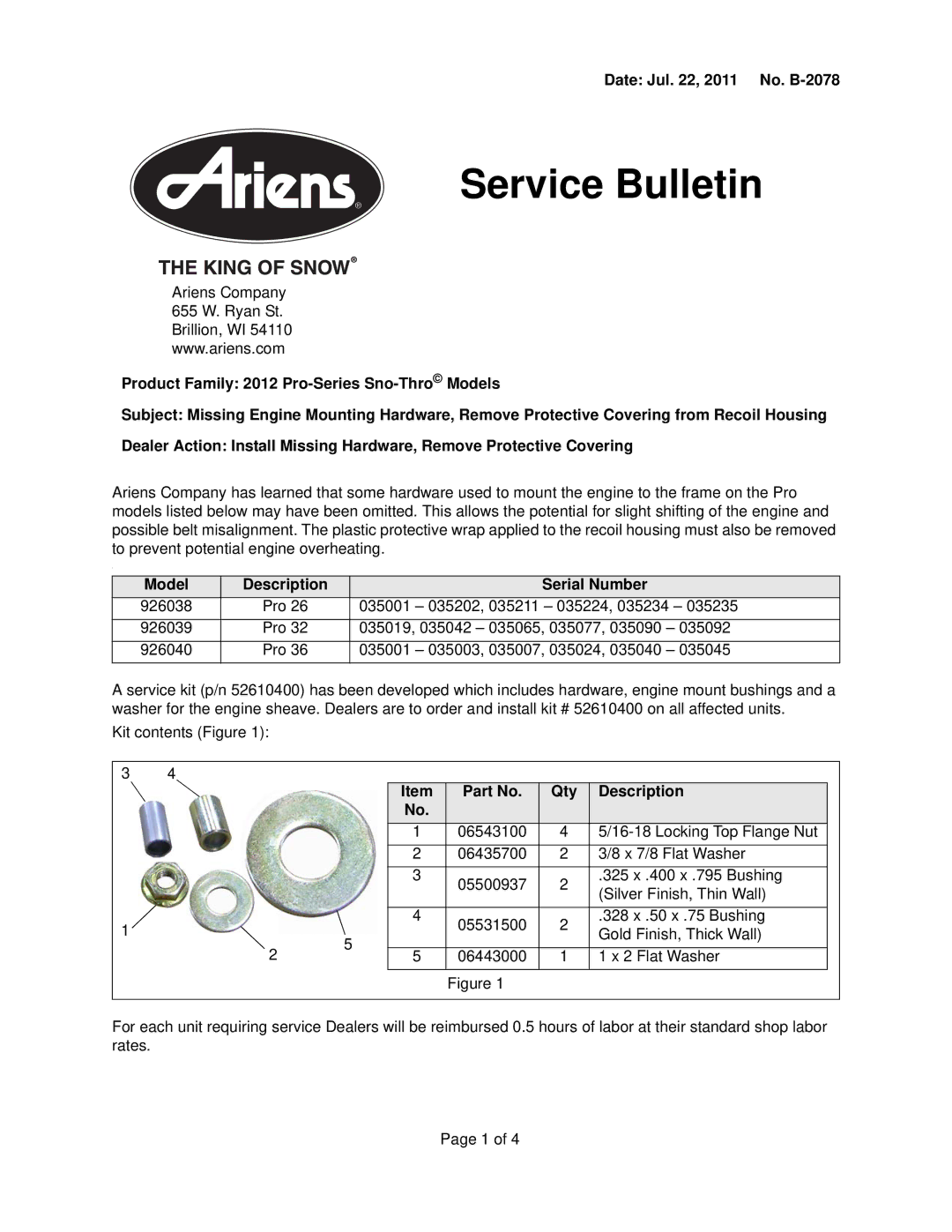 Ariens 926040, 926039, 926038 manual Service Bulletin 