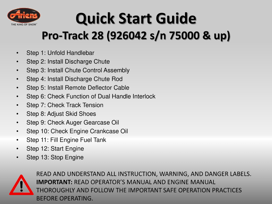 Ariens 926042 quick start Quick Start Guide 