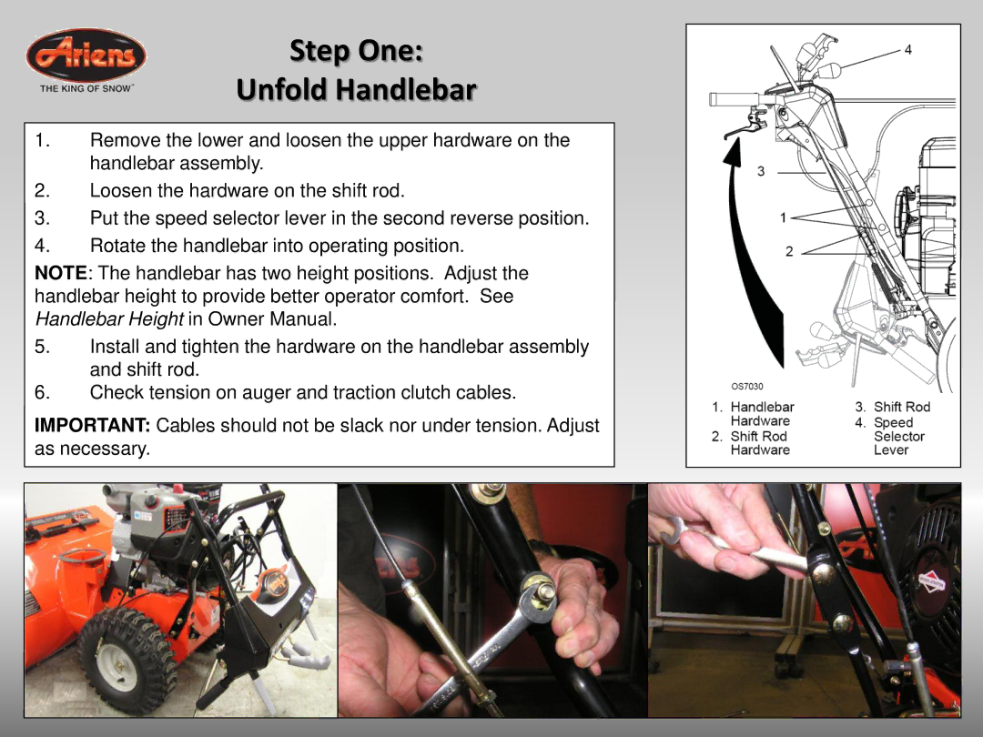 Ariens 926042 quick start Step One Unfold Handlebar 