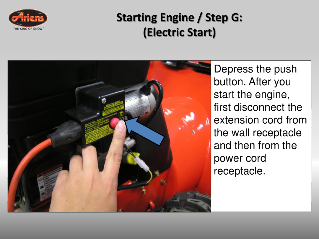 Ariens 926042 quick start Starting Engine / Step G Electric Start 